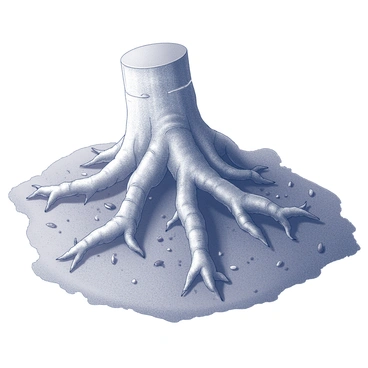 A close-up view of tree roots that are thick and textured, visibly intertwined with delicate mycelium filaments. The roots display a rough, earthy appearance, with various sizes and shapes as they spread throughout the soil. The mycelium is portrayed with fine, thread-like structures wrapping around the roots, demonstrating their connection and symbiotic relationship. The surrounding area is filled with rich soil and small particles, highlighting the complexity of the ecosystem. The focus is on the intricate details of the roots and mycelium interacting closely.