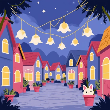 A whimsical fantasy village at dusk, with houses made of colorful stones and thatched roofs. "Moonflowers" with glowing white petals are delicately intertwined with strings of lanterns, casting a soft light throughout the village. Each moonflower is suspended above the cobblestone streets, gently swaying in the evening breeze. Small creatures with oversized ears and bright eyes peek out from behind flower pots, adding to the enchanting atmosphere. The sky is painted with deep blues and purples, dotted with twinkling stars. "Moonflowers" are the focal point, illuminating the village in a magical, serene glow.