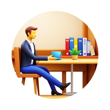 A transport broker sitting at a café table, holding a coffee cup. The broker is wearing a smart casual outfit, with a blazer and jeans. There are several logistics books spread out on the table, showcasing titles related to supply chain management and transportation. The café has a cozy atmosphere with wooden accents and soft lighting. A small plant sits in the center of the table, adding a touch of greenery to the scene.