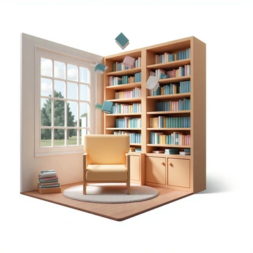 A cozy library filled with tall wooden bookshelves that reach the ceiling. The shelves are packed with colorful books of various sizes. Several books are floating mid-air, appearing to read themselves, with pages turning gently. Soft, warm lighting illuminates the room, casting a gentle glow on a large, inviting armchair in the corner, accompanied by a small wooden side table stacked with more books. A plush rug covers the wooden floor, and a large window shows a view of a tranquil garden outside.