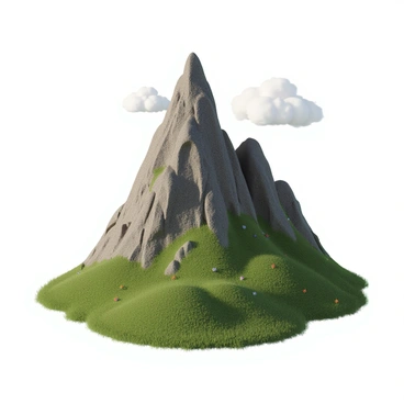 A distinctly tall and jagged mountain rises sharply against a backdrop of softly rounded hills. The mountain's surface is rocky and uneven, displaying various shades of gray and brown. In contrast, the surrounding hills are smooth and lush, covered in green grass and dotted with small patches of colorful wildflowers. The sky above is clear, with a few fluffy white clouds drifting lazily. Sunlight casts shadows across the rugged terrain, highlighting the mountain's unique features.