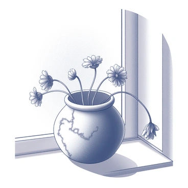 A cracked clay pot rests on a sunlit windowsill. Dried flowers of various types are spilling out of the pot, their stems bending gracefully as they cascade downwards. The texture of the clay pot is rough and uneven, with visible cracks that add character. Sunlight casts delicate shadows on the windowsill, highlighting the intricate details of the flowers and the pot. The scene suggests a sense of time passing, with a tranquil atmosphere surrounding the arrangement.