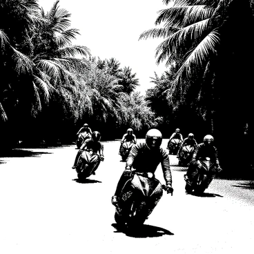 A group of motorcycles is racing along a series of curvy roads. The riders are wearing helmets and protective gear, focused intently on the winding path ahead. Lush tropical vegetation lines both sides of the road, with large palm trees and vibrant foliage accentuating the scene. The motorcycles are in dynamic positions, leaning into the curves, showcasing their sleek designs. The sun is shining brightly, casting stark shadows on the pavement, adding depth to the scene. The atmosphere is filled with a sense of speed and excitement as the motorcycles maneuver through the challenging terrain.