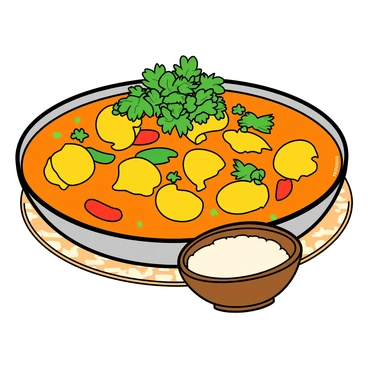 A large, round dish filled with jackfruit curry that has a vibrant yellow and orange color. The jackfruit pieces are soft and tender, blended with a rich sauce that includes bits of green peppers and red tomatoes. The dish is garnished with a generous handful of fresh green herbs, such as cilantro and mint, sprinkled on top for added color and texture. The curry is served on a decorative table, with a small bowl of rice placed beside it.