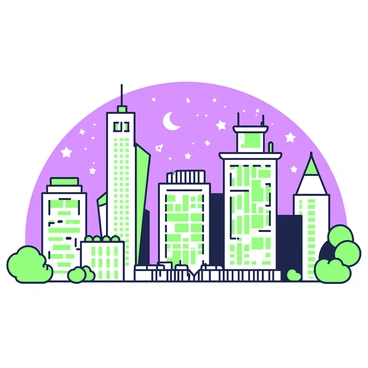 A city skyline is seen featuring tall buildings with varied architectural designs. The buildings are outlined in green and purple, giving them a distinctive appearance against the backdrop. In the background, a multitude of stars twinkle in the night sky, creating a sense of depth. Some buildings have antennas and rooftop gardens, while others have large windows reflecting the starlight. The scene conveys a feeling of elevation, as if the buildings are suspended among the stars, enhancing the overall atmosphere of the skyline.