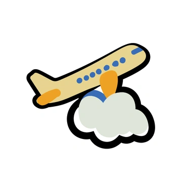 A 3D airplane icon flying above white fluffy clouds.