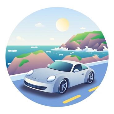A sleek silver Porsche sports car is driving along a scenic coastal highway. The car is positioned in the foreground, showcasing its shiny exterior and aerodynamic design. In the background, rugged cliffs rise sharply from the coastline, dotted with patches of green vegetation. Below the cliffs, waves are crashing against the rocks, creating white foam as they collide with the shore. The sky above is clear with a few fluffy clouds, and the sun is shining brightly, illuminating the vibrant colors of the landscape.
