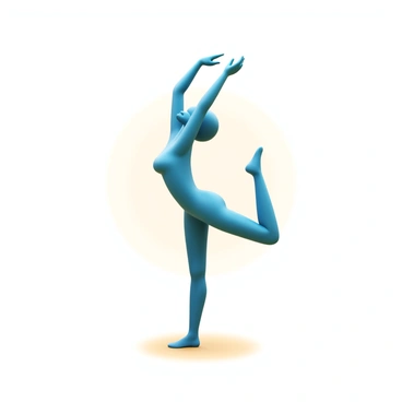 A person in a yoga pose with one leg extended outward. The individual is balanced on one foot, showcasing flexibility and strength. The body is elongated, and the extended leg is straight with toes pointed. The arms are positioned for stability, with one arm reaching upward and the other extending sideways. The background features soft, neutral colors to emphasize the pose, and there is a subtle shadow effect beneath the figure to suggest depth.