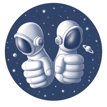 A pair of thumbs positioned upright, each adorned with a sleek astronaut helmet that covers the tops. The helmets are reflective, showcasing a glimpse of the vastness of outer space. Surrounding the thumbs are twinkling stars scattered against a black backdrop. There are distant celestial bodies, including a large planet with rings and several smaller moons. The thumbs appear to be gently floating, with no visible anchor to any surface.
