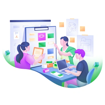 A modern pastel illustration depicting a team of three professionals engaged in a brand refresh project. One person is holding a clipboard with notes, another is reviewing a large mood board filled with color swatches and logos, while the third is working on a laptop. Various branded materials, such as business cards, brochures, and packaging mock-ups, are neatly displayed on a table in front of them. The background includes post-it notes and sketches pinned to a wall, illustrating the creative process.