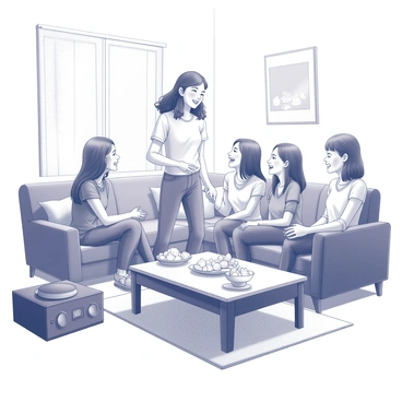 A girl stands in her living room, smiling as she engages with her friends. The room is filled with cozy furniture, including a comfortable sofa and a coffee table adorned with various snacks such as bowls of chips and a platter of fruit. Laughter erupts from the group, creating a lively atmosphere. A music player is placed nearby, contributing to the cheerful environment. The warm lighting enhances the inviting feel of the gathering, highlighting the joy and camaraderie among the friends.