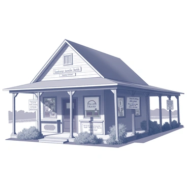 A quaint general store with a wooden porch extending across the front. The porch is adorned with several vintage signs displaying various products and services offered by the store. The building has a rustic charm, featuring wooden siding and a sloped roof. Surrounding the store are elements typical of rural New England, such as fields or trees in the background, providing a sense of place and context. The overall composition captures the essence of a small-town atmosphere, inviting customers to browse and explore.