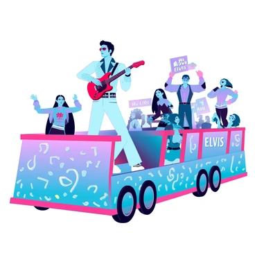 A large parade float designed as a colorful tribute to "Elvis Presley." The float features a detailed model of "Elvis" in his iconic white jumpsuit, complete with rhinestones and a guitar, positioned at the front. Surrounding the float are enthusiastic fans, wearing "Elvis" merchandise, including sunglasses and scarves. Some fans are dancing and waving their arms, while others are holding signs that say "We Love Elvis!" The float is adorned with musical notes and images of "Elvis" in various classic poses, creating a festive atmosphere. Bright lights and colorful decorations embellish the entire float, enhancing the celebratory vibe.