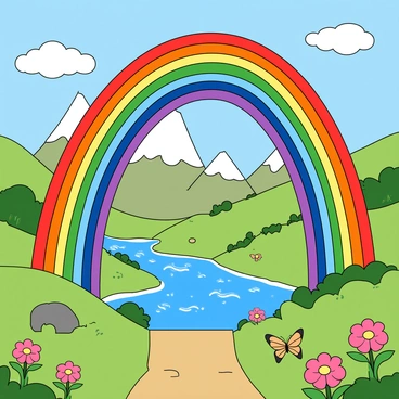 A large, colorful bridge made of vibrant rainbows arches gracefully across a bright blue sky. Each section of the bridge shines with different hues, creating a dazzling spectrum. The bridge leads to a fantastical realm that can be seen in the distance, featuring whimsical mountains with candy-colored peaks and fluffy, oversized clouds. The landscape ahead is dotted with sparkling rivers and lush, oversized flowers. Small, playful creatures can be seen frolicking around, adding to the enchanting atmosphere. In the foreground, a few whimsical butterflies flutter near the entrance of the rainbow bridge, drawn towards the magical world beyond.