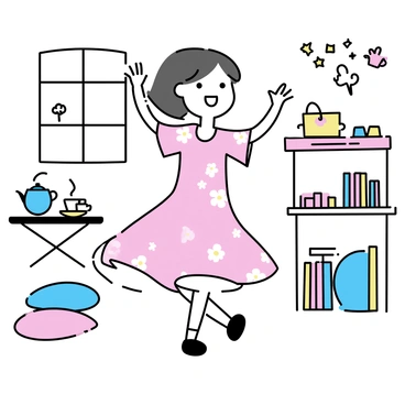 A child, approximately six years old, is dancing joyfully in a brightly lit room. She is wearing a flowing dress made of pastel fabric, featuring floral patterns. The room is decorated with various fairy tale elements, including a small wooden table with a teapot and cups, a bookshelf filled with colorful storybooks, and whimsical wall art depicting magical creatures. Soft pillows are scattered on the floor, and a window allows natural light to illuminate the scene. The child has her arms raised and a big smile on her face, fully immersed in the moment.