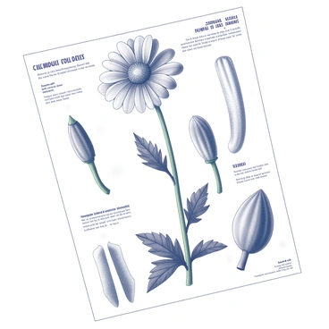 A detailed botanical study page featuring the "calendula" plant. The page includes labeled illustrations of various parts: a large flower head with prominent petals, a thick green stem, and broadly lobed leaves. Each section is clearly delineated, showcasing the flower's structure, leaf vein patterns, and stem texture. Additional annotations highlight specific features, such as the arrangement of leaves around the stem and the type of flower head. The layout is organized to facilitate the study of the plant's anatomy and characteristics.
