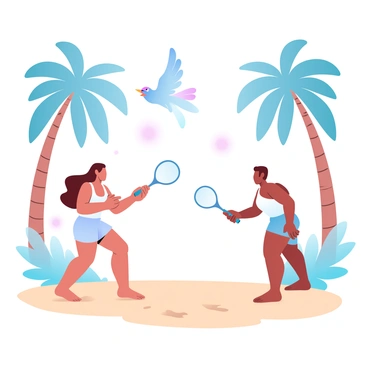 A badminton game is taking place on a sandy beach of a tropical island. Two players are positioned opposite each other, each holding a badminton racket. One of the players is in a bright-colored athletic outfit, while the other is dressed in a light tank top and shorts. In the air, a vibrant birdie is captured mid-flight, showcasing its vivid colors. Surrounding the scene are tall palm trees swaying gently in the breeze, casting soft shadows on the ground. The sun is shining brightly, illuminating the entire setting with warm light.