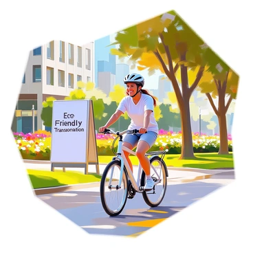A person with medium skin tone is riding a bicycle along a pathway next to a city park. The park features lush green grass, colorful flower beds, and tall trees providing shade. In the background, there are modern buildings, with large windows reflecting the sunlight. The cyclist is wearing a helmet and casual clothes, looking content as they pedal past. Nearby, a sign displays the words "Eco-Friendly Transportation" in bold letters, emphasizing the theme of sustainability.