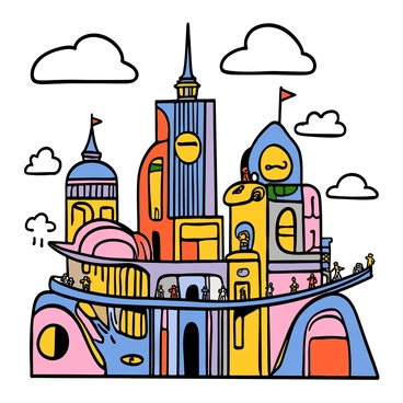 A vibrant city built high in the sky with a panorama of retro-futuristic buildings, featuring sleek curves and shiny metallic surfaces. The buildings have large windows and intricate designs, showcasing a blend of past and future architecture. Sky bridges connect various towers, with people strolling across, enjoying the view from above. The city is bathed in bright sunlight, with fluffy white clouds drifting around, adding a sense of height and openness to the scene.