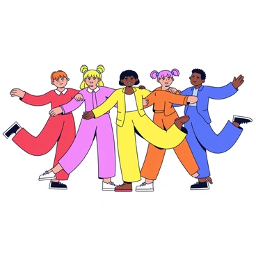 A group of five dancers performing in a synchronized manner. Each dancer is dressed in a distinct color that represents a different phase of the menstrual cycle. The first dancer, representing the menstrual phase, wears deep red. The second, for the follicular phase, is adorned in a light pink. The third dancer, symbolizing the ovulatory phase, wears bright yellow. The fourth dancer, representing the luteal phase, is dressed in warm orange. The fifth dancer is in a calming blue, symbolizing the overall unity of the cycle. The dancers are positioned in a circular formation, each striking a pose that reflects the dynamics of their respective phase.