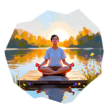 A serene lakeside scene with a person sitting on a dock, eyes closed, taking deep breaths