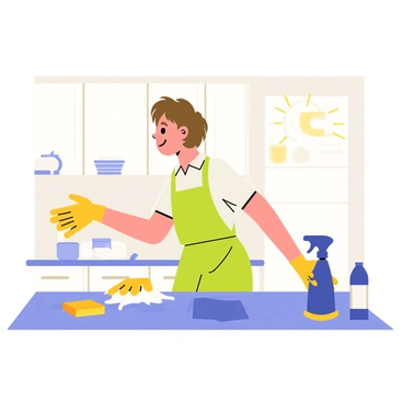 A person energetically scrubbing a sparkling clean kitchen countertop