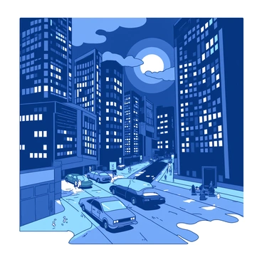 A nighttime cityscape filled with tall buildings and busy streets. The buildings are adorned with numerous "twinkling lights" that create a vibrant atmosphere. Below, cars are moving along the streets, and pedestrians are walking, adding to the lively scene. Clouds drift across the night sky, and the "moon" is partially visible, casting a soft glow over the city.