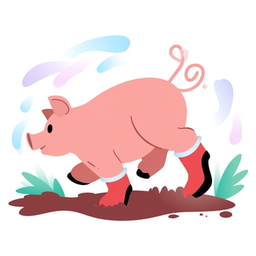 A pig with a curly tail is wearing bright red wellies. The pig is energetically stomping through a muddy puddle, splashing muddy water around. The surrounding ground is a mix of brown mud and grass patches. The scene is vibrant with a backdrop of green vegetation, enhancing the lively atmosphere of the moment.
