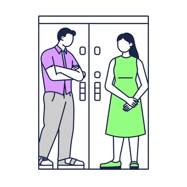 Two people are standing in a very small elevator. On the left, a man with short hair is wearing a blue shirt and gray pants. He has his arms crossed and is looking sideways, trying to avoid eye contact. On the right, a woman with long hair is dressed in a green dress. She stands with her hands clasped in front of her, looking down at the floor. The elevator walls are metallic and the buttons for different floors are visible beside them. The space feels cramped, highlighting their awkwardness.