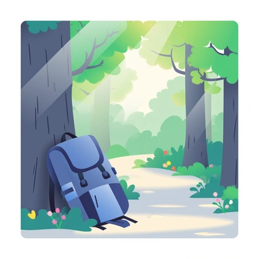 A narrow forest path is winding through tall trees with lush green leaves. Sunlight is filtering through the branches, casting soft shadows on the ground. Alongside the path, a sturdy rucksack with a deep blue color is resting against a large, rough-textured tree trunk. The ground is covered with a mix of fallen leaves and soft moss. Small wildflowers in various colors peek through the greenery along the edges of the path. In the background, the forest appears dense, creating a feeling of seclusion and tranquility.