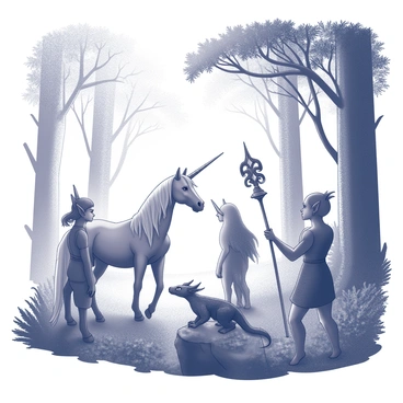 A group of mythical creatures assembled at the edge of a dense forest, their silhouettes partially obscured by swirling mist. Among them, a unicorn stands tall, its horn glimmering with a subtle shine as it gazes into the trees. To the side, a graceful elf with pointed ears and flowing hair holds a staff adorned with intricate carvings. A small dragon, its scales reflecting the light, perches on a nearby rock, its wings partially unfurled. The forest behind them is filled with towering trees, their trunks thick and twisted, and the underbrush is lush with ferns and wildflowers. The atmosphere is rich with a sense of wonder and anticipation.