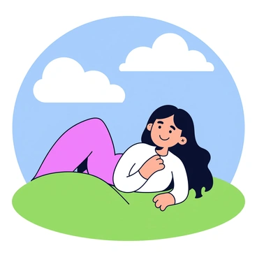 A woman lying on a grassy hill with vibrant green grass. She has long hair that flows gently around her head. Her eyes are directed towards the clouds in the sky, and she wears a content smile on her face. The sun shines down, creating soft highlights on her features. The clouds above are fluffy and white, drifting lazily across a bright blue sky.