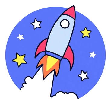 A space rocket with a sleek metallic body is launching upwards. The rocket has bright red fins and a flame of orange and yellow fire coming from its engine. Surrounding the rocket are several twinkling stars in various sizes, set against a deep blue background. The rocket is angled slightly upward, indicating its trajectory towards the stars.