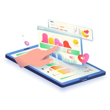 A digital tablet is placed on a sleek white surface, showcasing vibrant animated graphics of blood test data. The screen displays various colored charts and graphs that are dynamically changing, representing different health metrics. A hand is gently touching the screen, interacting with the data, while colorful icons representing blood cells and health indicators float around the tablet. Soft reflections of light can be seen on the tablet's surface, enhancing the modern technology aesthetic.