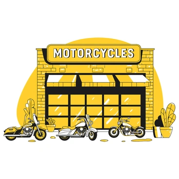 The exterior of a motorcycle garage with a large, vintage sign that reads "Motorcycles" in bold letters. The garage has a brick facade with a slightly worn appearance. In front of the garage, there are several motorcycles parked in a row, showcasing different models with chrome detailing and sleek designs. The ground is made of concrete, and there are oil stains visible beneath the bikes. A few potted plants are placed near the entrance, adding a touch of greenery to the scene.