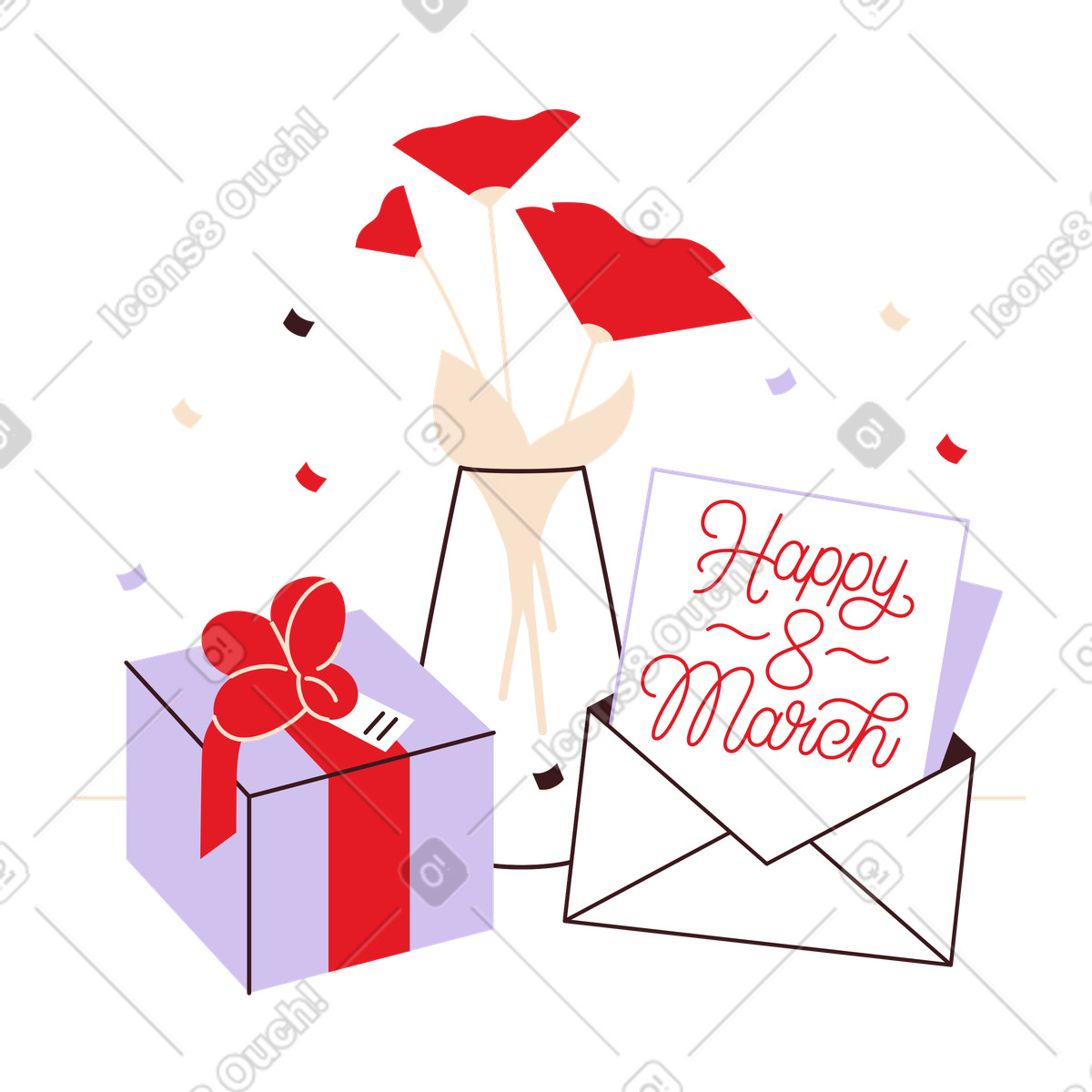 Illustration Greeting card with gift and bouquet, International Women's Day celebration dans le style Folks à télécharger aux formats PNG, SVG