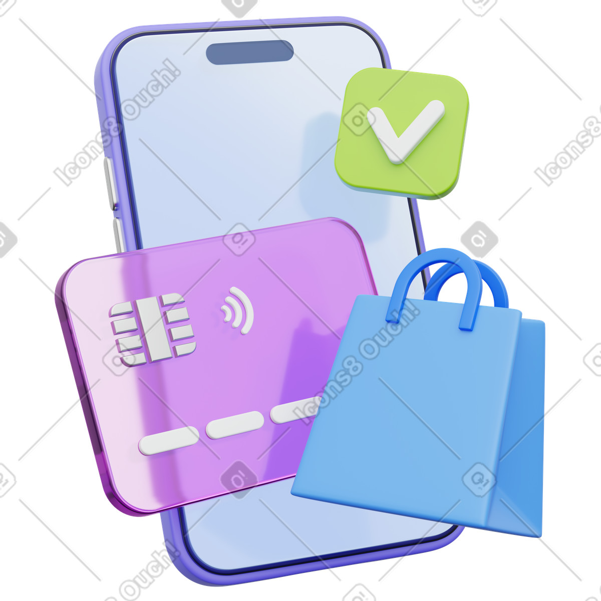 Illustration Paiement mobile, téléphone avec sacs de courses et coche, confirmation d'achat en ligne dans le style 3D Playful à télécharger aux formats PNG, SVG