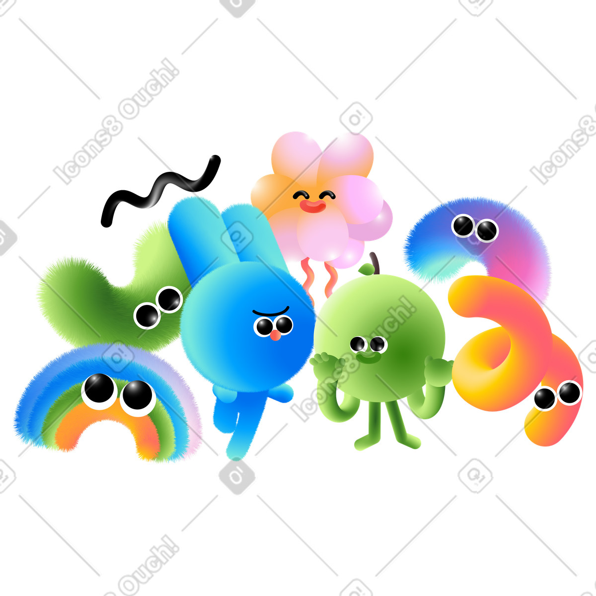 Gruppo di personaggi multicolori con grandi occhi illustrazione in stile Puffy scarica in PNG, SVG