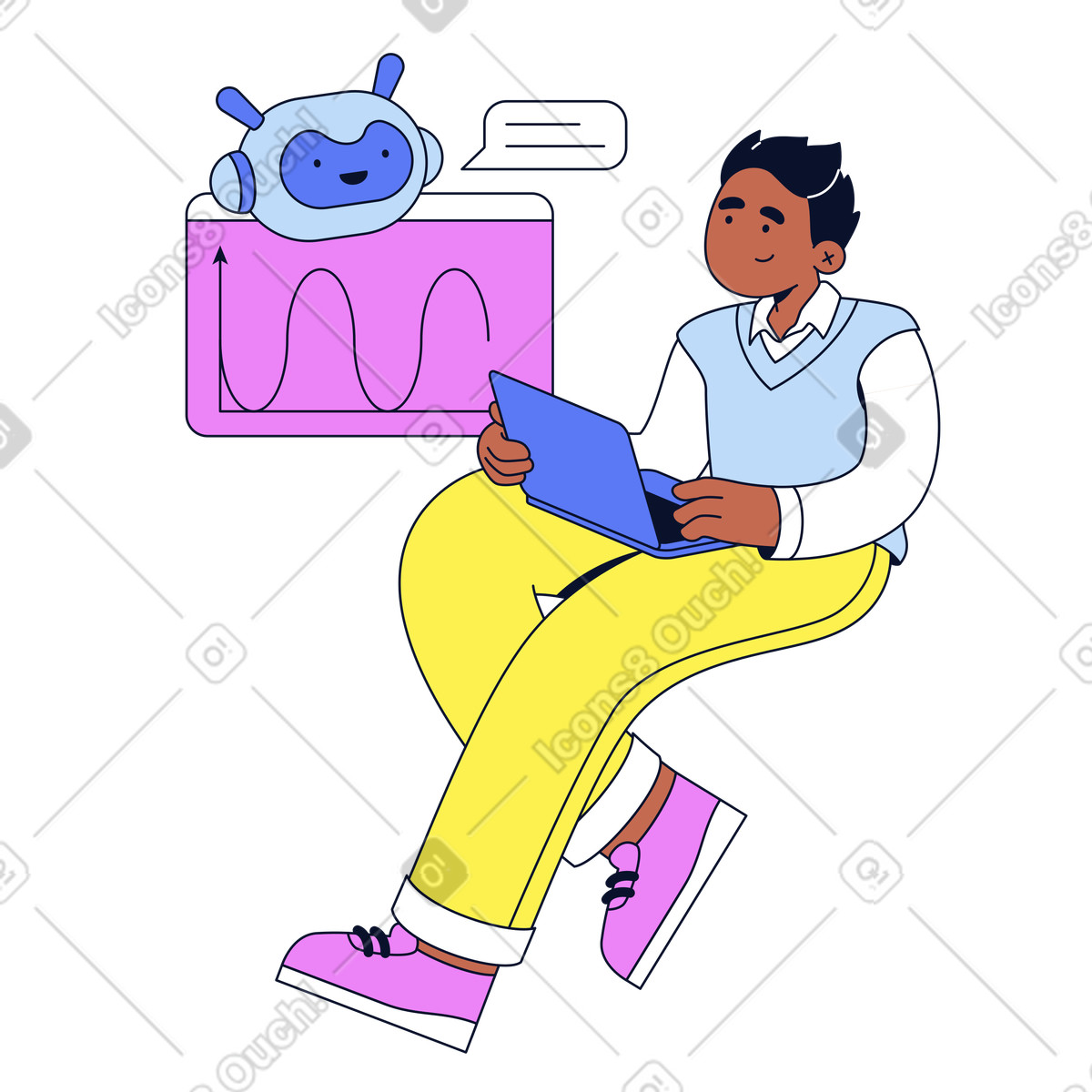 Learner with laptop and AI chatbot, Personalized education technology illustration in Flexy style download in PNG, SVG