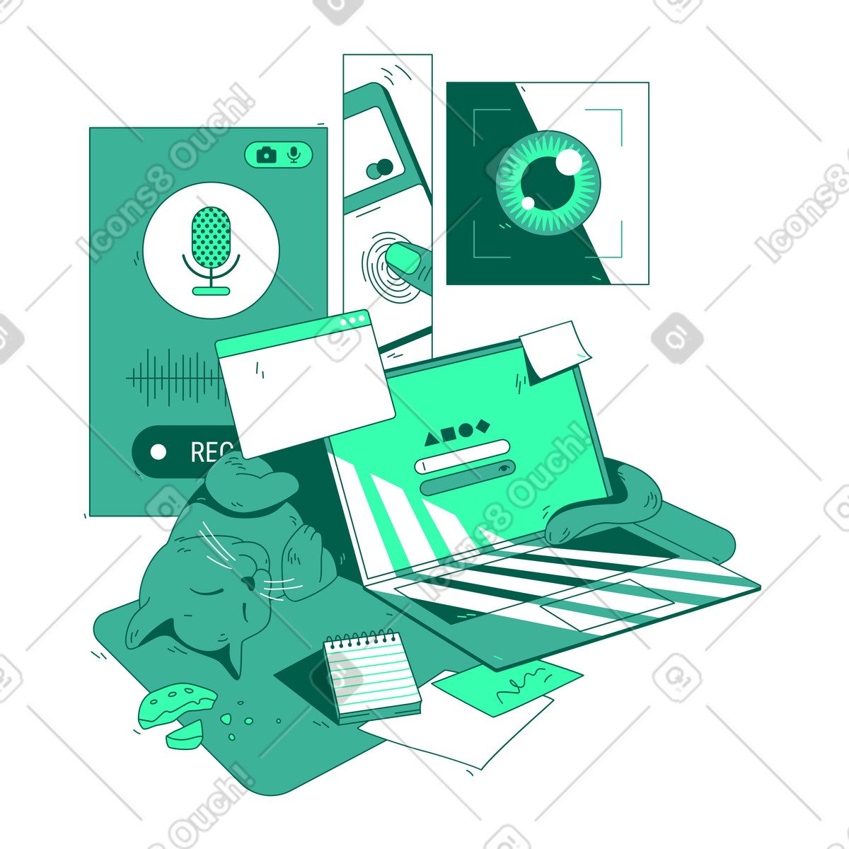 Login page on laptop screen illustration in Storyline style download in PNG, SVG
