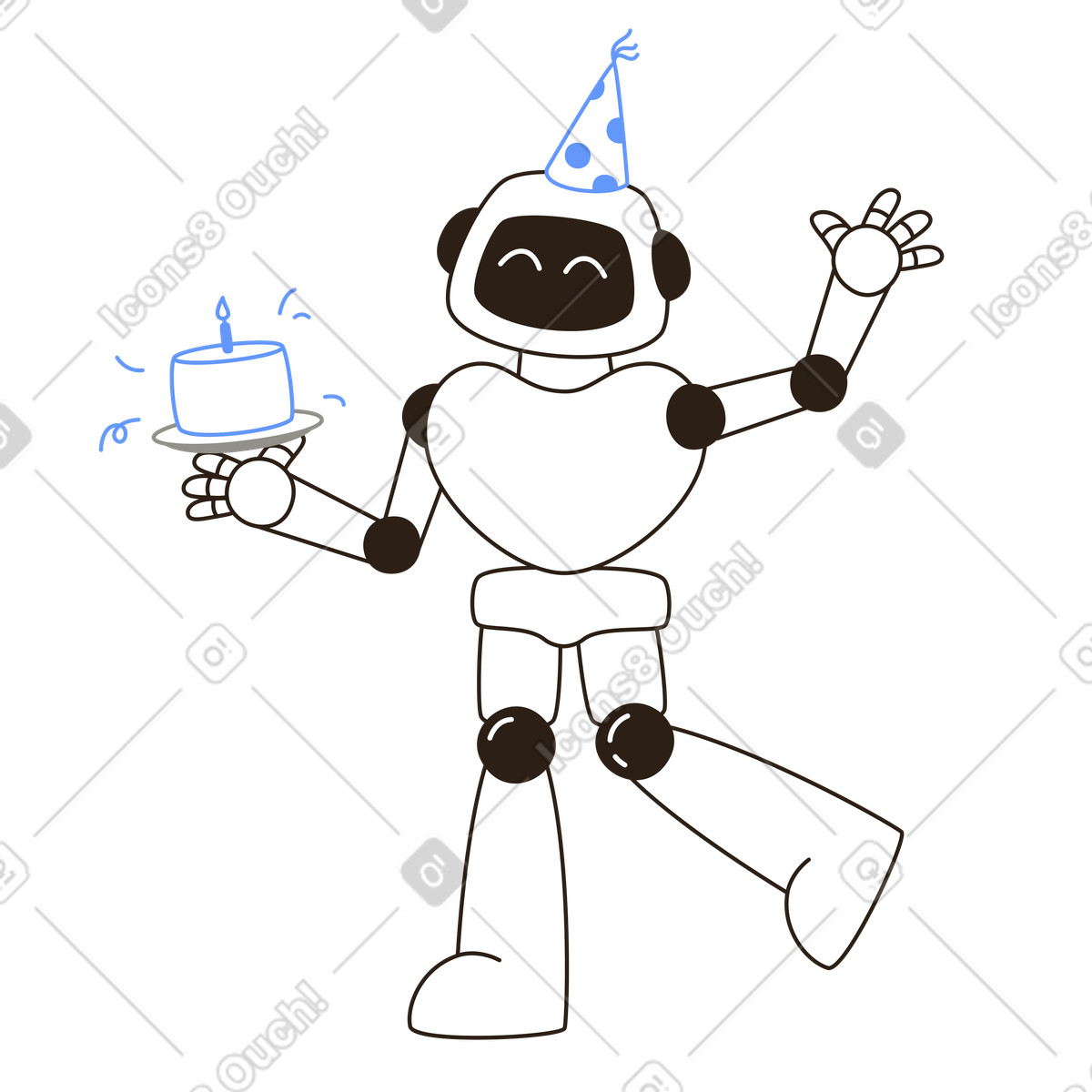 Robot holding birthday cake with candle, Joyful celebration in tech context illustration in Plain style download in PNG, SVG