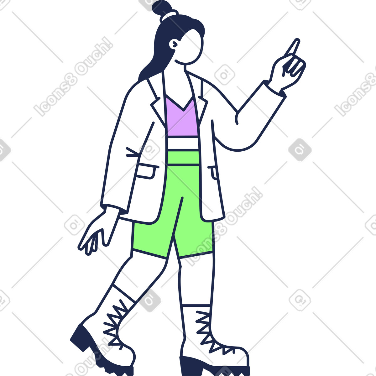 Junge frau, die ihren finger hochhebt-Illustration im Outline-Stil als Download in PNG, SVG