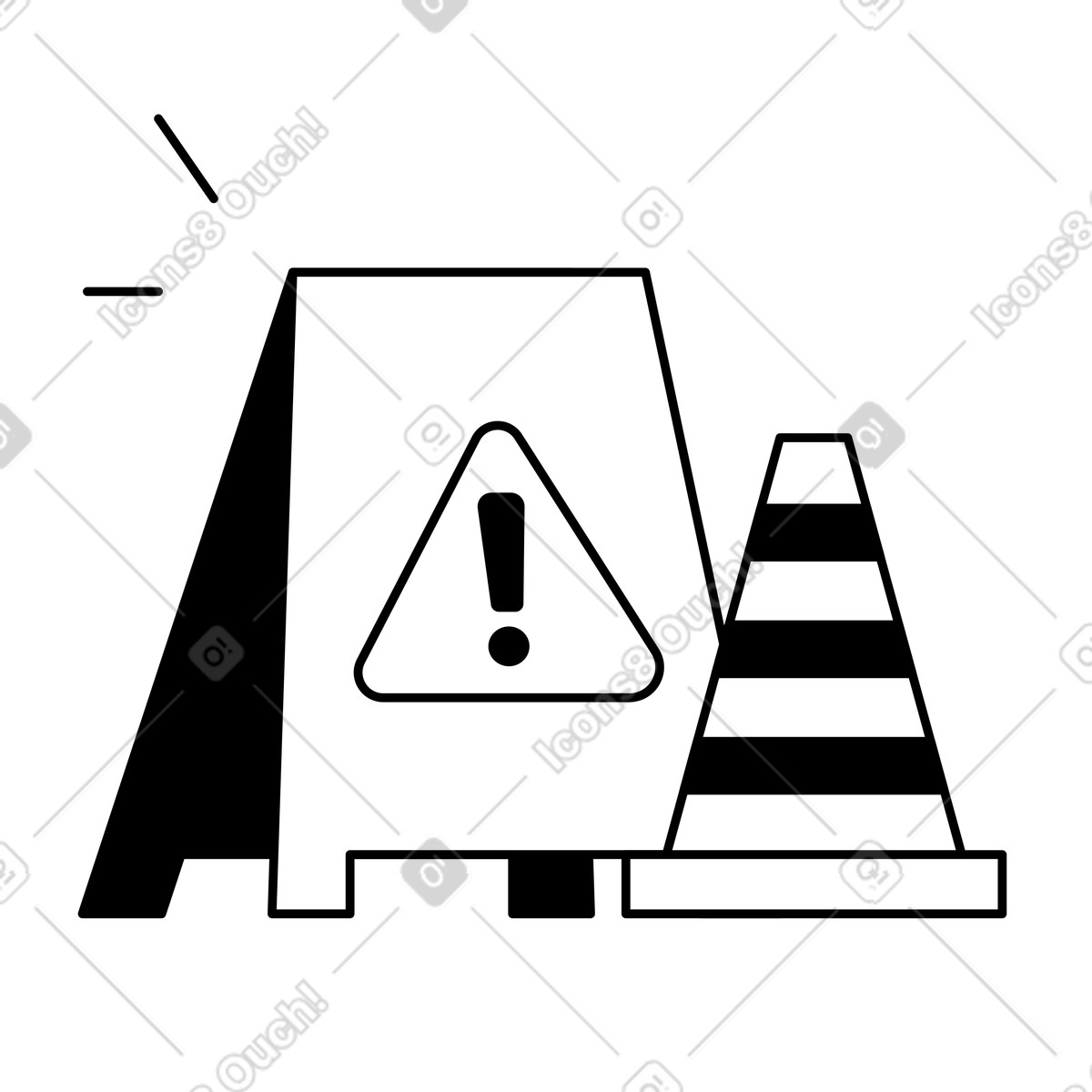 Warning sign with exclamation mark and construction traffic cone symbol-Illustration im Notion Line Art-Stil als Download in PNG, SVG