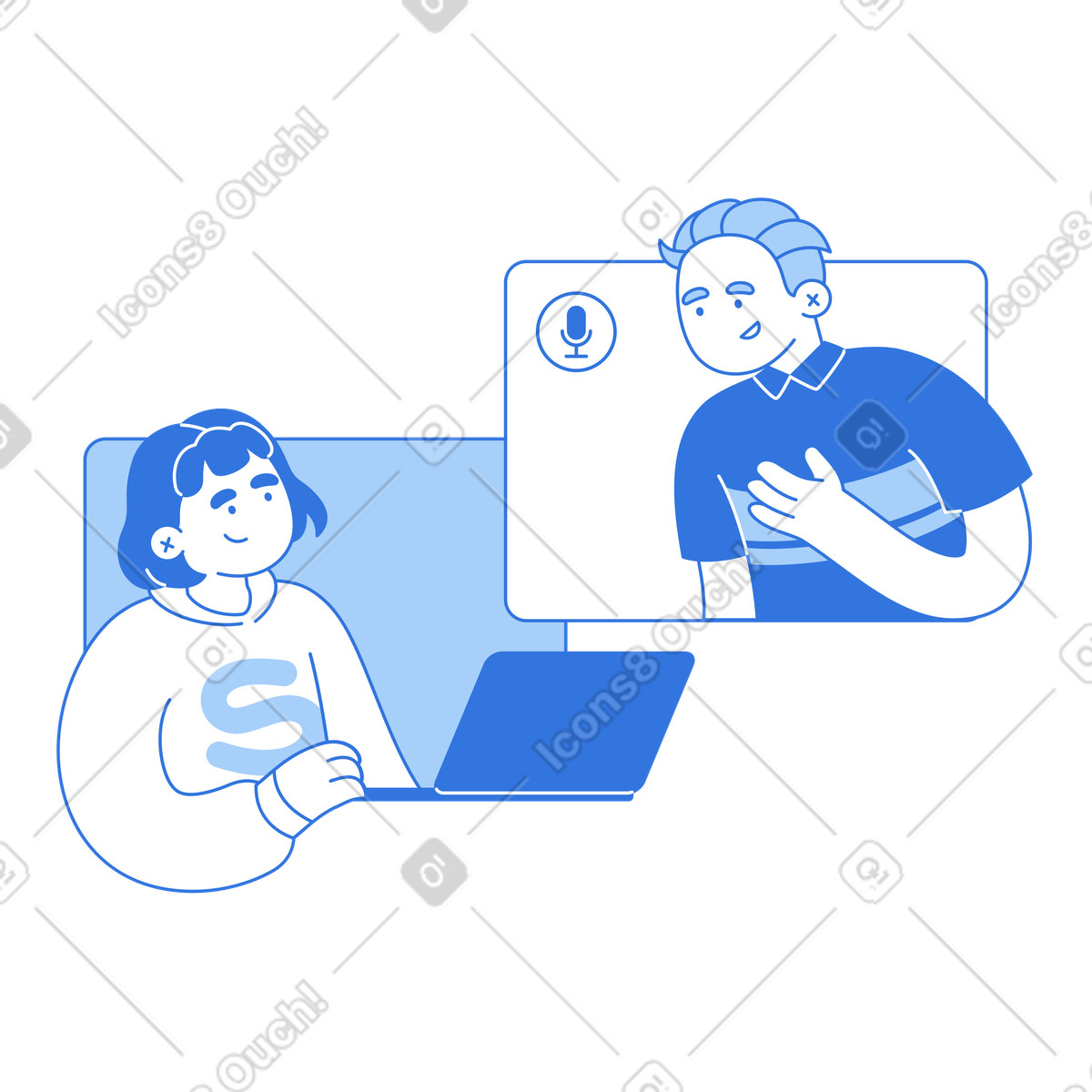 Coworkers talking during video call, Remote communication and teamwork-Illustration im Sky-Stil als Download in PNG, SVG