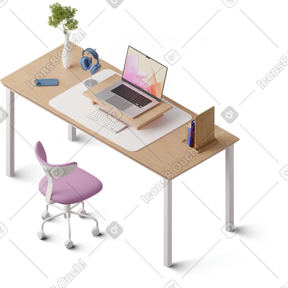 Isometric view of desk with laptop illustrazione in stile 3D Hygge scarica in PNG, SVG