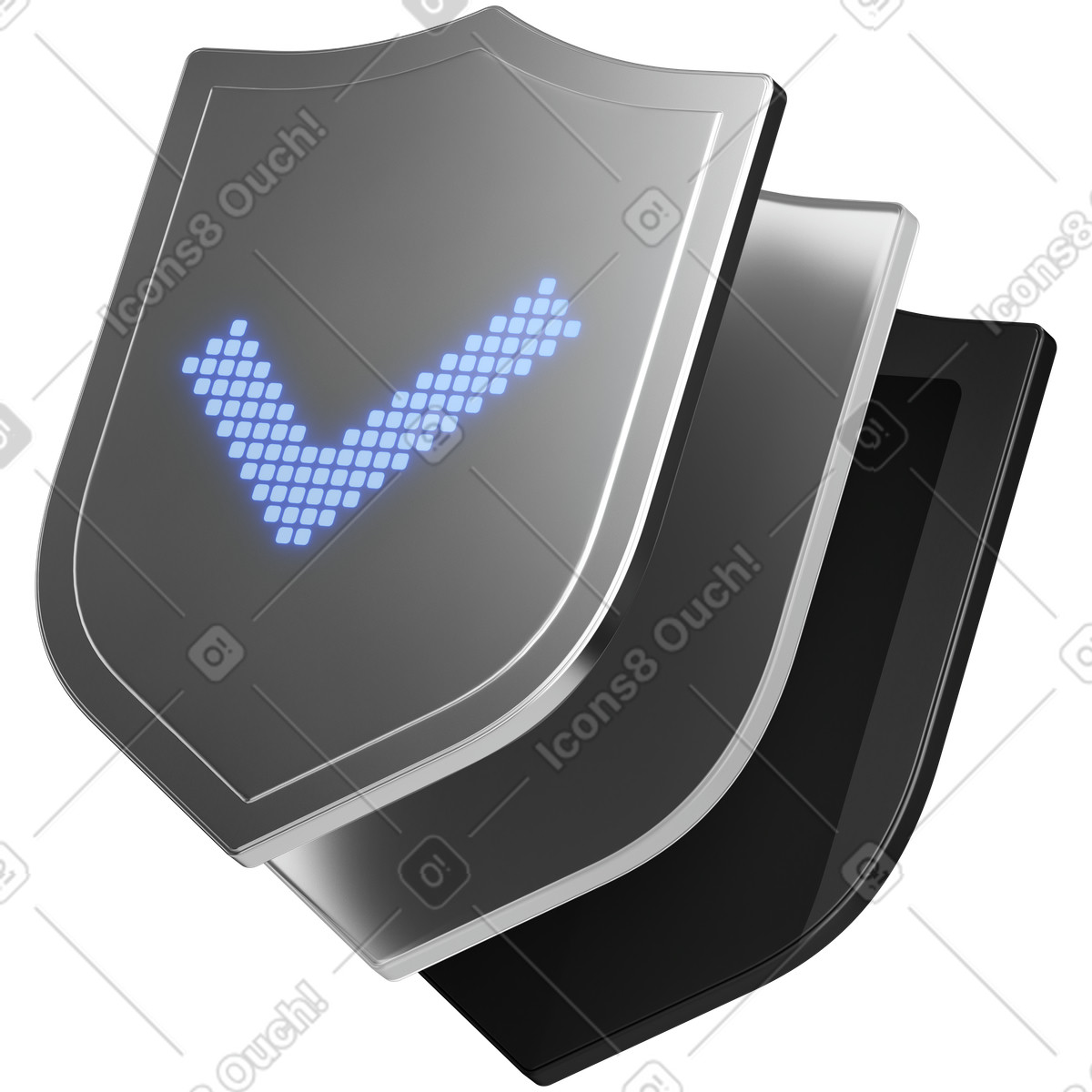 Security shield stack with blue checkmark indicating verified protection illustrazione in stile 3D Metallic scarica in PNG, SVG