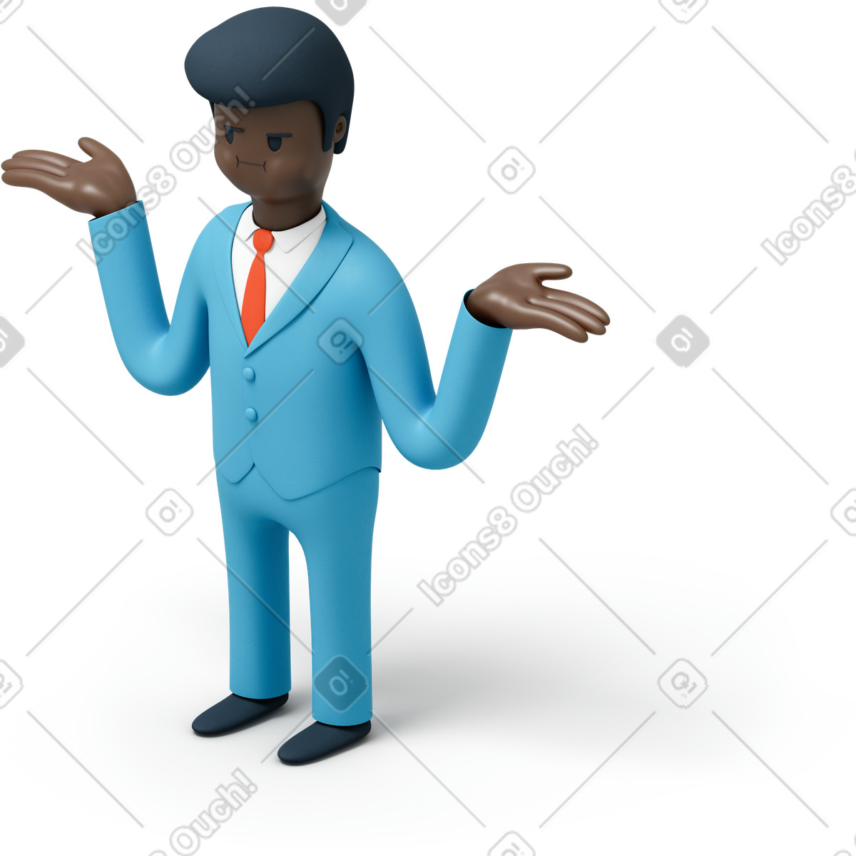 下载 3D Flame 风格的 耸肩的黑人商人 插画，支持 PNG、SVG 格式