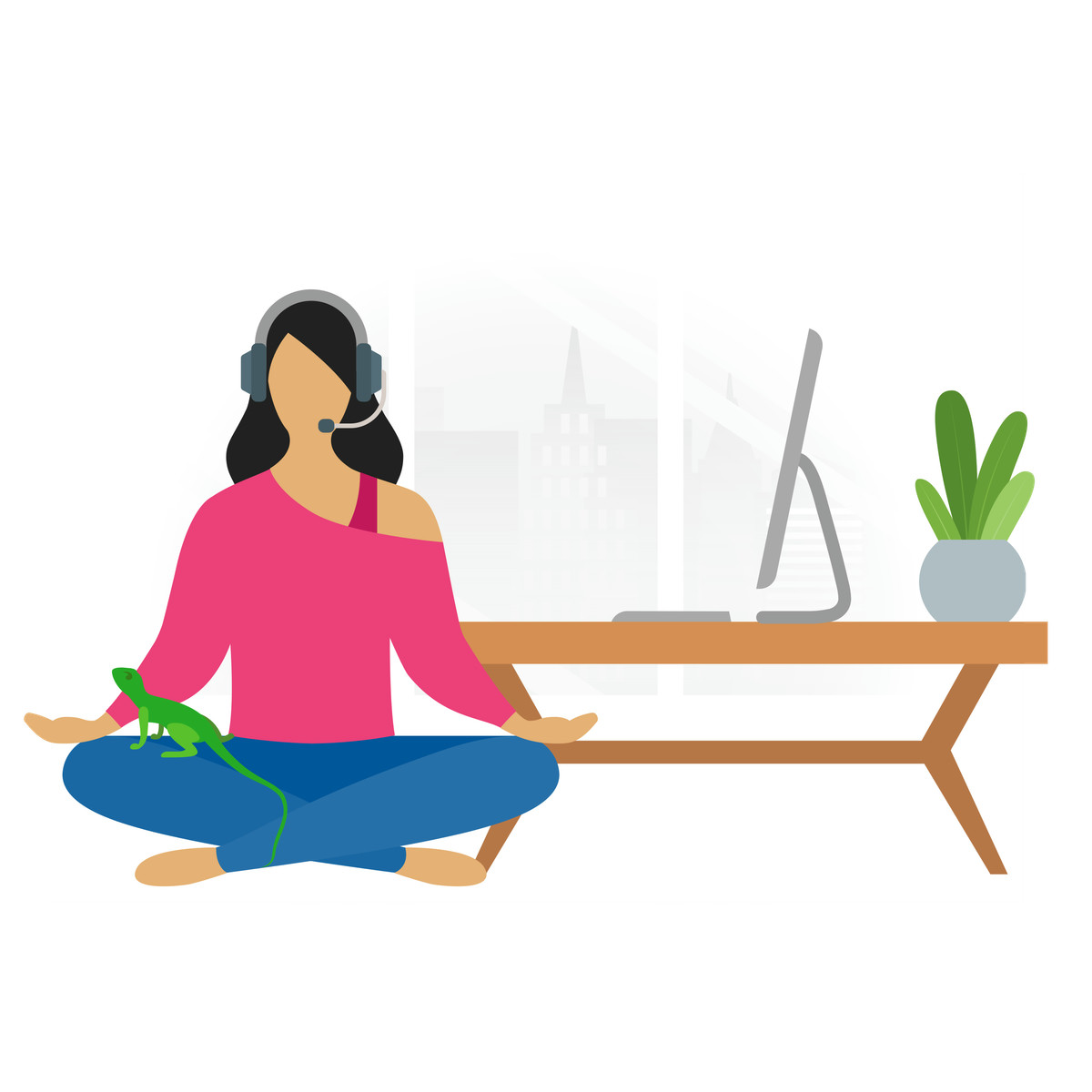 Ilustración Remote worker practicing mindfulness with pet lizard, wellness in virtual workspace en estilo Fogg a descargar en PNG y SVG