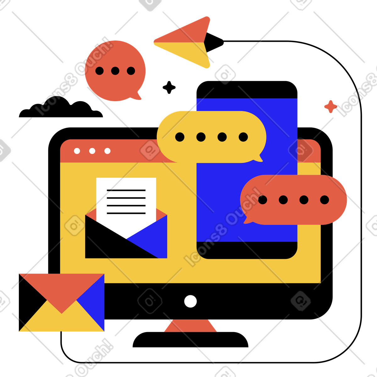Colorful devices with chat bubbles and envelopes, Online messaging communication-Illustration im Flat-Stil als Download in PNG, SVG