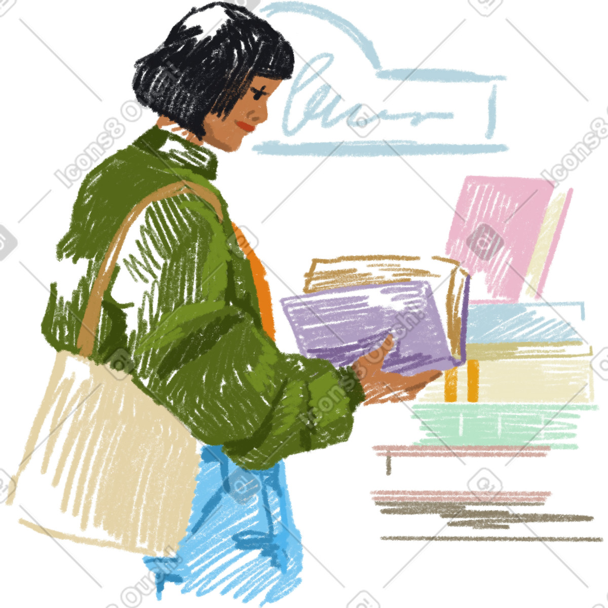 Young woman chooses book illustration reader clipart image in PNG SVG GIF